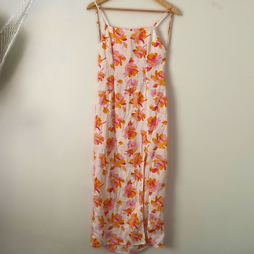 ASOS DESIGN Floral Summer Midi-Dress Backless Spaghetti Strap Pink & Orange Slit - Picture 8 of 12